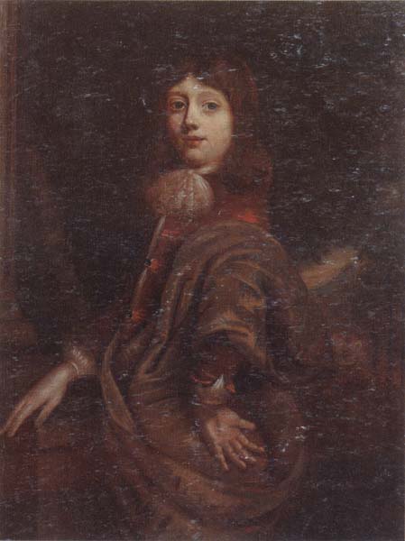 Portrait of a young boy three-quarter length,wearing a  red jacket and an ochre mantle